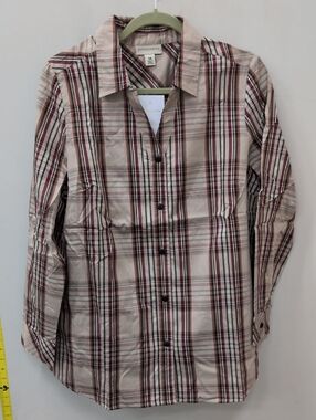 Appleseed's Beige Plaid Button-Down Shirt with Burgundy Stripes